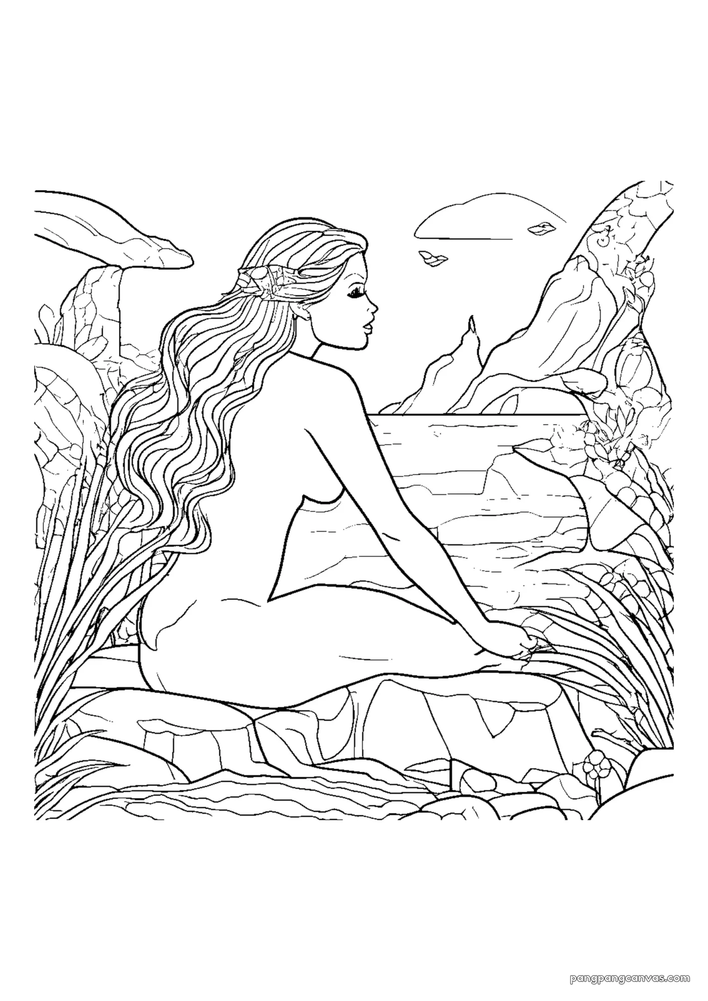 인어 공주 바위 위에 앉아 색칠공부 도안 무료 프린트